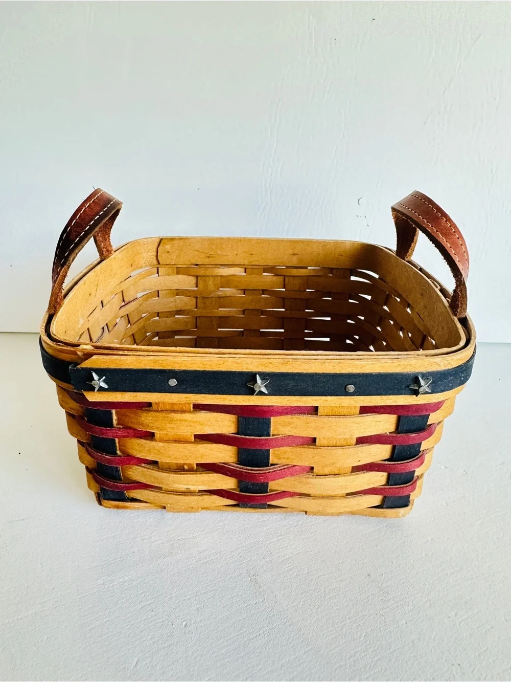 Handwoven Red & Black Accent Basket with Leather Handles